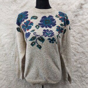 Vintage Northern Reflections Women's Gray with Blue Floral Pattern Sweater S